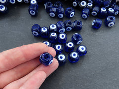 10 Square Blue Glass Evil Eye Beads, Chunky Artisan Handmade Lucky Protective Navy Nazar Beads, 10x12mm