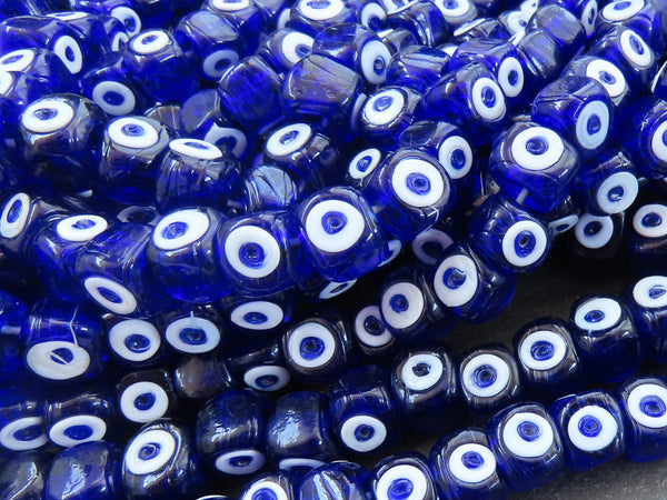 10 Square Blue Glass Evil Eye Beads, Chunky Artisan Handmade Lucky Protective Navy Nazar Beads, 10x12mm