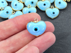 Light Sky Blue Heart Evil Eye Charm Pendant, Glass Lampwork Evil Eye, Amulet, Protective, Lucky, Handmade, 22k Shiny Gold Plated Bezel 1pc