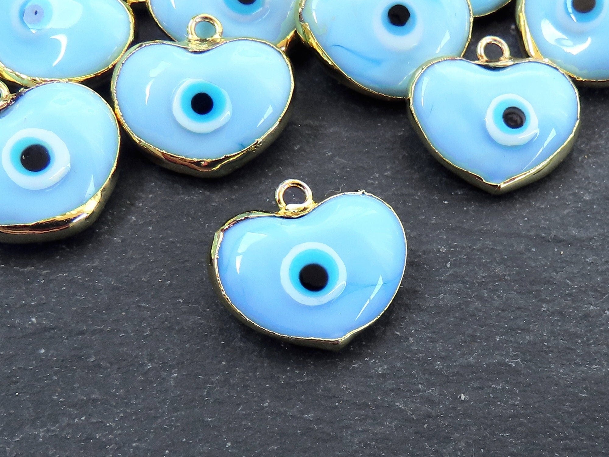 Light Sky Blue Heart Evil Eye Charm Pendant, Glass Lampwork Evil Eye, Amulet, Protective, Lucky, Handmade, 22k Shiny Gold Plated Bezel 1pc
