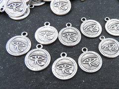 Round Egyptian Eye of Horus Dangle Pendant Charms, Egyptian Symbol, Eye of Ra, Silver Coin Charm Pendants, Matte Antique Silver Plated, 10pc