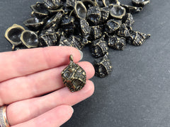 Artisan Dome Pinch Mesh Charms, Organic Rustic Cast Pendant Charms, Antique Bronze Plated, 2pc