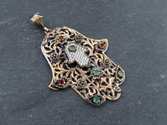 Bronze Hamsa Pendant, Hand of Fatima Floral Pendant, Red Green Crystal Accents, Antique Bronze Plated - 1PC - No:2