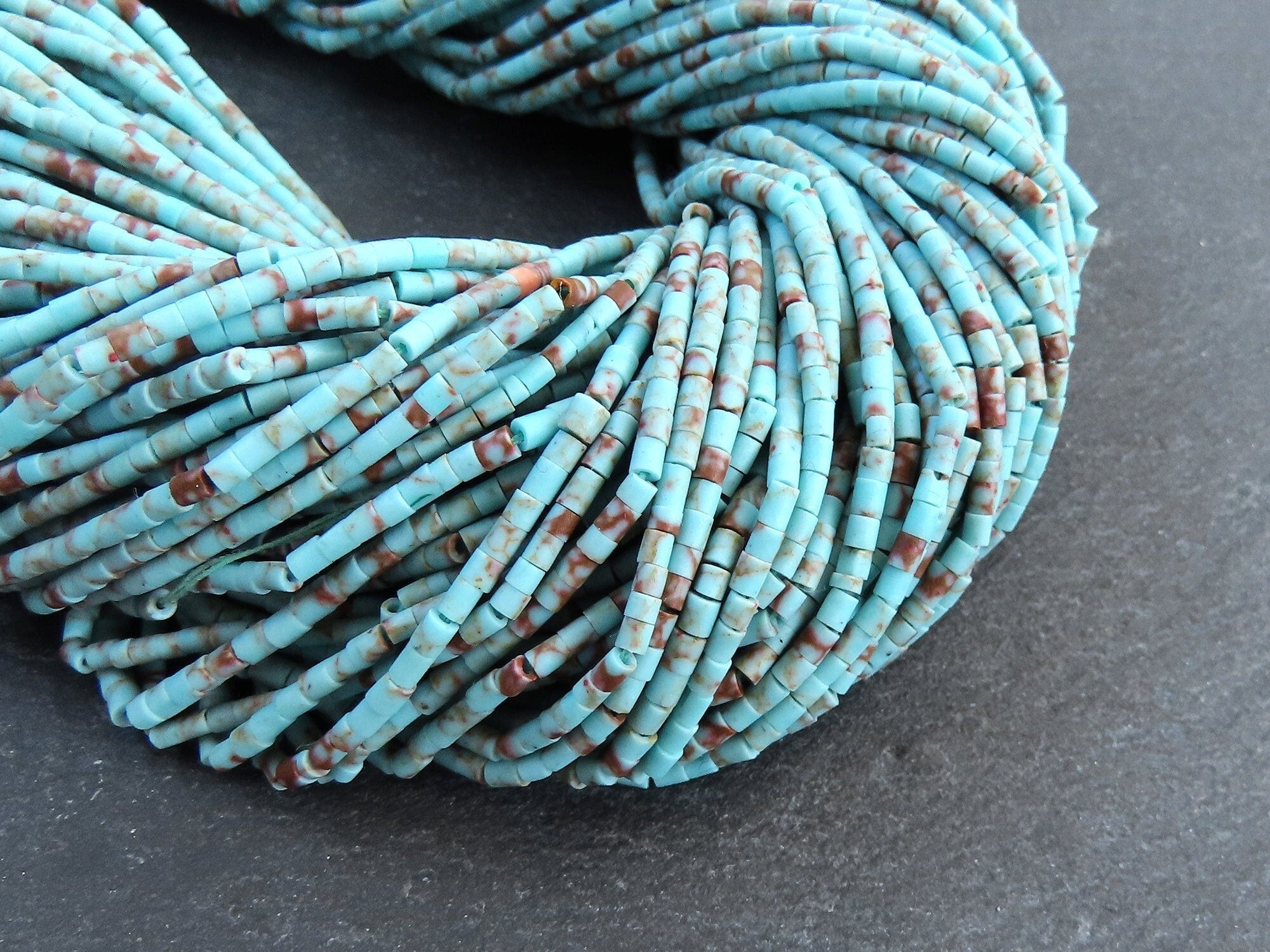 5 Afghan Seed Bead Strands, 2mm Afghani Turquoise Matrix Tiny Seed Beads, Tube Heishi Loose Beads, Gemstone Beads, 5 x 14inch strands