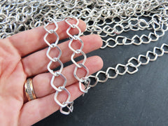 14mm Twisted Diamond Link Silver Chain, Large Chunky Statement Chain for Jewelry Making, Non Tarnish, Matte Antique Silver Plated, 1 Meter