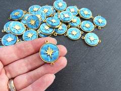 North Star Compass Connector Pendant, Blue Mother Of Pearl Charm, MOP, Celestial, Adventure Travel Navigation, 22k Matte Gold Plated - 1pcs