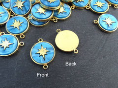 North Star Compass Connector Pendant, Blue Mother Of Pearl Charm, MOP, Celestial, Adventure Travel Navigation, 22k Matte Gold Plated - 1pcs