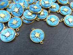 North Star Compass Connector Pendant, Blue Mother Of Pearl Charm, MOP, Celestial, Adventure Travel Navigation, 22k Matte Gold Plated - 1pcs