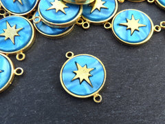 North Star Compass Connector Pendant, Blue Mother Of Pearl Charm, MOP, Celestial, Adventure Travel Navigation, 22k Matte Gold Plated - 1pcs