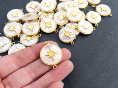 North Star Compass Connector Pendant, Cream Ivory Mother Of Pearl Charm, Celestial, Adventure Travel Navigation, 22k Matte Gold Plated 1pc