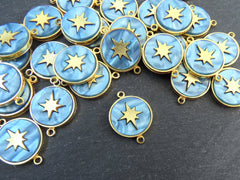 North Star Compass Connector Pendant, Ice Blue Mother Of Pearl Charm, Celestial, Adventure Travel Navigation, 22k Matte Gold Plated 1pc