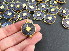 North Star Compass Connector Pendant, Smoky Gray Mother Of Pearl Charm, Celestial, Adventure Travel Navigation, 22k Matte Gold Plated 1pc