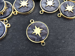 North Star Compass Connector Pendant, Smoky Gray Mother Of Pearl Charm, Celestial, Adventure Travel Navigation, 22k Matte Gold Plated 1pc