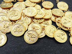 Round Egyptian Eye of Horus Dangle Pendant Charms, Egyptian Symbol, Eye of Ra, Gold Coin Charm Pendants, 22k Matte Gold Plated