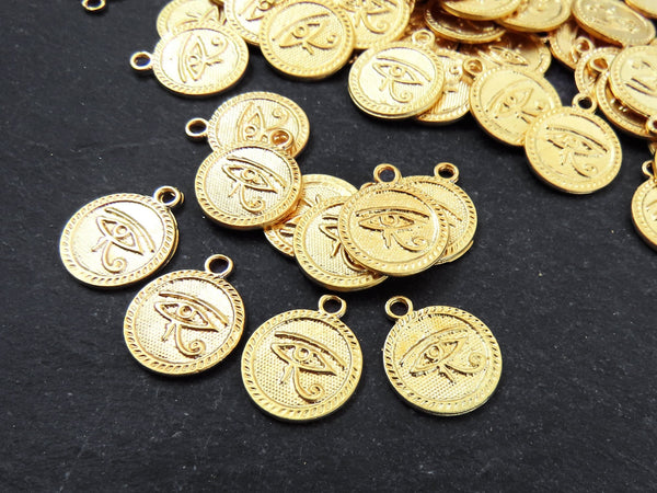 Round Egyptian Eye of Horus Dangle Pendant Charms, Egyptian Symbol, Eye of Ra, Gold Coin Charm Pendants, 22k Matte Gold Plated