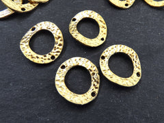 Wavy Gold Hammered Link Connector Pendant, Double Sided Oval Ring Hoop Loop Link with Holes, 22k Matte Gold, 4PC