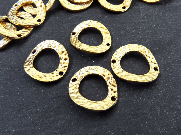 Wavy Gold Hammered Link Connector Pendant, Double Sided Oval Ring Hoop Loop Link with Holes, 22k Matte Gold, 4PC