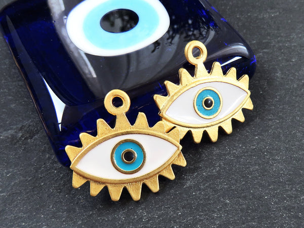 Enamel Evil Eye Pendant Charm, Eye Of The Beholder, Good Luck, Protective, Evil Eye Amulet Talisman Jewelry, 22k Matte Gold Silver, 2pc