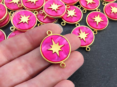 North Star Compass Connector Pendant, Pink Mother Of Pearl Charm, Celestial, Adventure Travel Navigation, 22k Matte Gold Plated 1pc