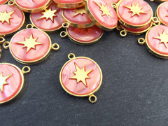 North Star Compass Connector Pendant, Peach Mother Of Pearl Charm, Celestial, Adventure Travel Navigation, 22k Matte Gold Plated 1pc