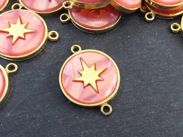 North Star Compass Connector Pendant, Peach Mother Of Pearl Charm, Celestial, Adventure Travel Navigation, 22k Matte Gold Plated 1pc