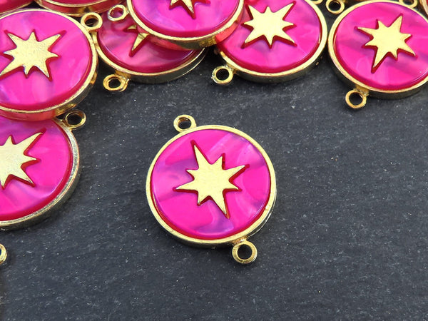 North Star Compass Connector Pendant, Pink Mother Of Pearl Charm, Celestial, Adventure Travel Navigation, 22k Matte Gold Plated 1pc