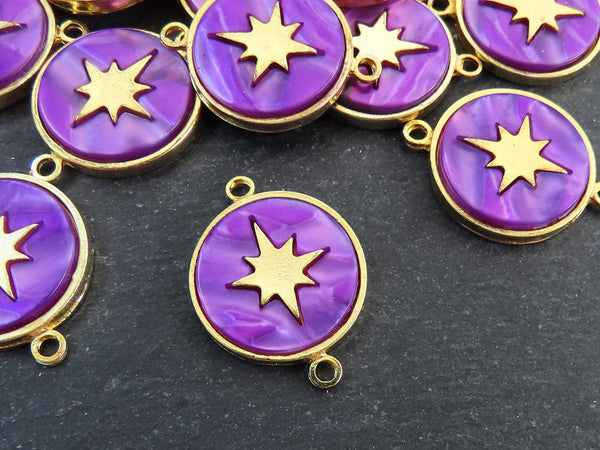 North Star Compass Connector Pendant, Purple Mother Of Pearl Charm, Celestial, Adventure Travel Navigation, 22k Matte Gold Plated 1pc