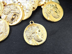 Greek Coin Pendant Charm, Philip V, King of Macedonia Medallion, Ancient Greek Coin, 22k Matte Gold Plated, 1pc