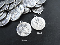 Greek Coin Pendant Charm, Philip V, King of Macedonia Medallion, Ancient Greek Coin, Matte Antique Silver Plated, 1pc