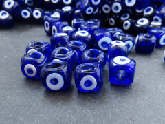 10 Square Blue Glass Evil Eye Beads, Chunky Artisan Handmade Lucky Protective Navy Nazar Beads, 10x12mm