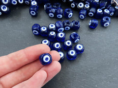 10 Square Blue Glass Evil Eye Beads, Chunky Artisan Handmade Lucky Protective Navy Nazar Beads, 10x12mm