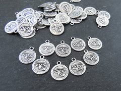 Round Egyptian Eye of Horus Dangle Pendant Charms, Egyptian Symbol, Eye of Ra, Silver Coin Charm Pendants, Matte Antique Silver Plated, 10pc