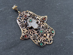 Bronze Hamsa Pendant, Hand of Fatima Floral Pendant, Red Green Crystal Accents, Antique Bronze Plated - 1PC - No:2
