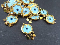 Sky Blue Evil Eye Charm Gold Bezel Pendant, Glass Evil Eye Lampwork Amulet, Dangle Pendant, Protective, Lucky, Handmade, 1pc, Cornflower