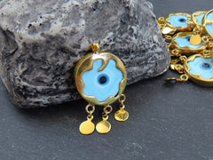 Sky Blue Evil Eye Charm Gold Bezel Pendant, Glass Evil Eye Lampwork Amulet, Dangle Pendant, Protective, Lucky, Handmade, 1pc, Cornflower