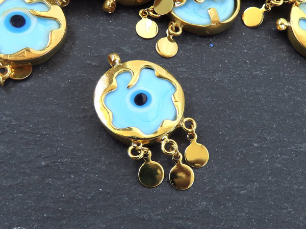 Sky Blue Evil Eye Charm Gold Bezel Pendant, Glass Evil Eye Lampwork Amulet, Dangle Pendant, Protective, Lucky, Handmade, 1pc, Cornflower