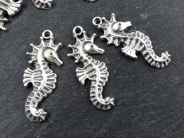 3 Seahorse Pendant Charms, Artisan Charms, Seahorse Beads, Matte Antique Silver Plated