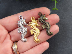 3 Seahorse Pendant Charms, Artisan Charms, Seahorse Beads, Matte Antique Silver Plated