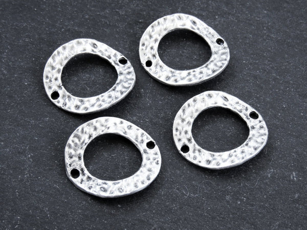 Wavy Hammered Link Connector Pendant, Double Sided Oval Ring Hoop Loop Link with Holes, Antique Matte Silver Plated, 4PC