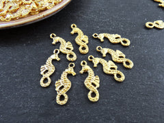 8 Mini Seahorse Pendant Charms, Artisan Charms, Seahorse Beads, 22k Matte Gold Plated