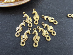 8 Mini Seahorse Pendant Charms, Artisan Charms, Seahorse Beads, 22k Matte Gold Plated