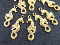 8 Mini Seahorse Pendant Charms, Artisan Charms, Seahorse Beads, 22k Matte Gold Plated