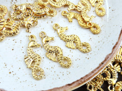 8 Mini Seahorse Pendant Charms, Artisan Charms, Seahorse Beads, 22k Matte Gold Plated