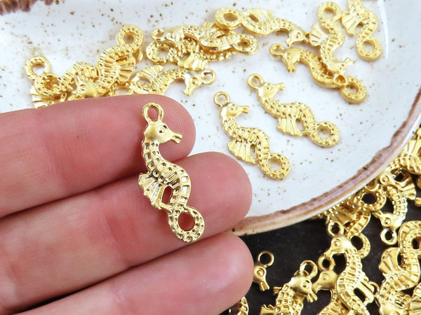 8 Mini Seahorse Pendant Charms, Artisan Charms, Seahorse Beads, 22k Matte Gold Plated