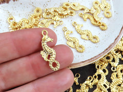 8 Mini Seahorse Pendant Charms, Artisan Charms, Seahorse Beads, 22k Matte Gold Plated