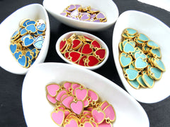 Blue Heart Charms, Small Enamel Heart Pendants with Raised Edges, Love Charm, 22k Matte Gold Plated, 3pc