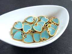 Aqua Heart Charms, Small Enamel Heart Pendants with Raised Edges, Love Charm, 22k Matte Gold Plated, 3pc