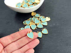 Aqua Heart Charms, Small Enamel Heart Pendants with Raised Edges, Love Charm, 22k Matte Gold Plated, 3pc