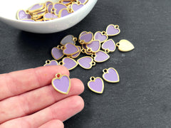 Periwinkle Heart Charms, Small Purple Enamel Heart Pendants with Raised Edges, Love Charm, 22k Matte Gold Plated, 3pc