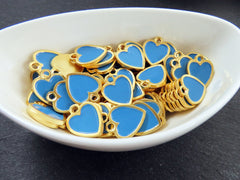 Blue Heart Charms, Small Enamel Heart Pendants with Raised Edges, Love Charm, 22k Matte Gold Plated, 3pc